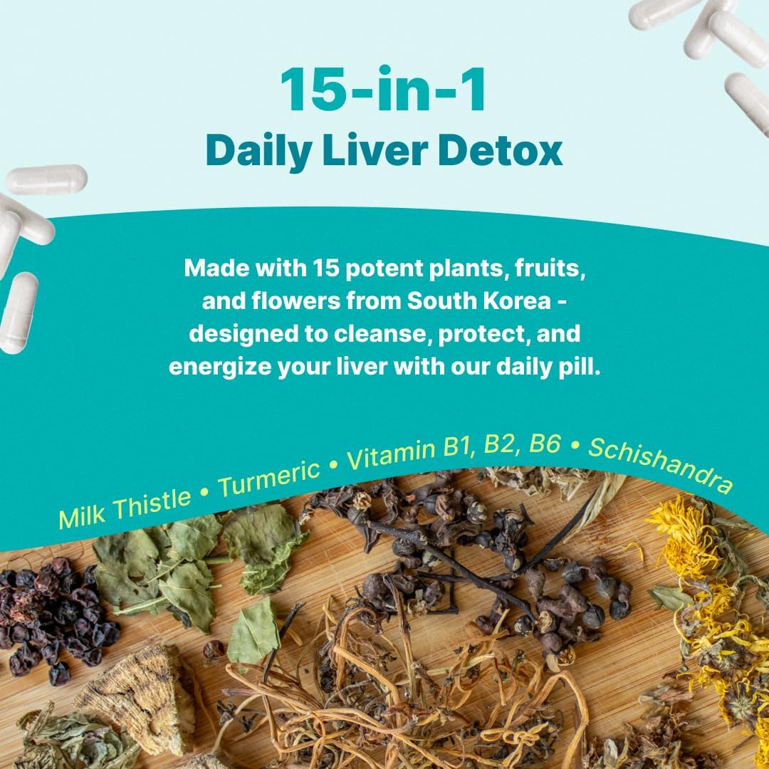 15 Day Liver Cleanse - Gut and Cholesterol Support | Caffeine Free, NON GMO and Gluten-Free | Korean Herbs 15-in-1 Advanced Formula with Milk Thistle, Turmeric, Dandelion and B Vitamins | Vegan and Plant-Based | 2 Servings = 4 Capsules Daily