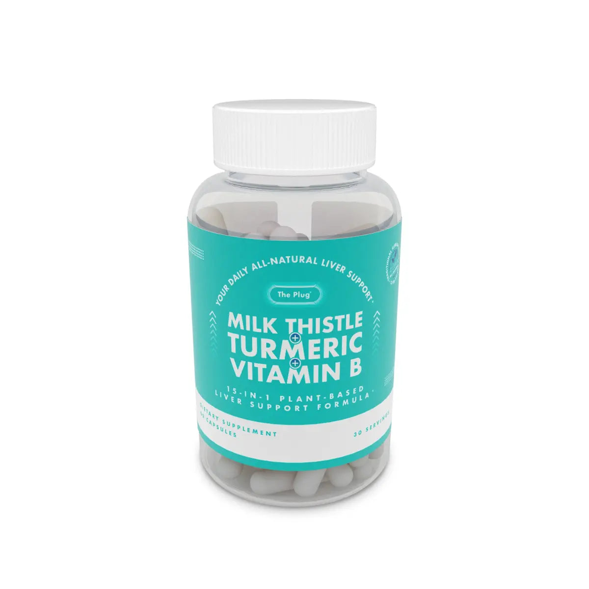 The Plug Milk Thistle Turmeric Vitamin B liver support pill bottle on a plain white background