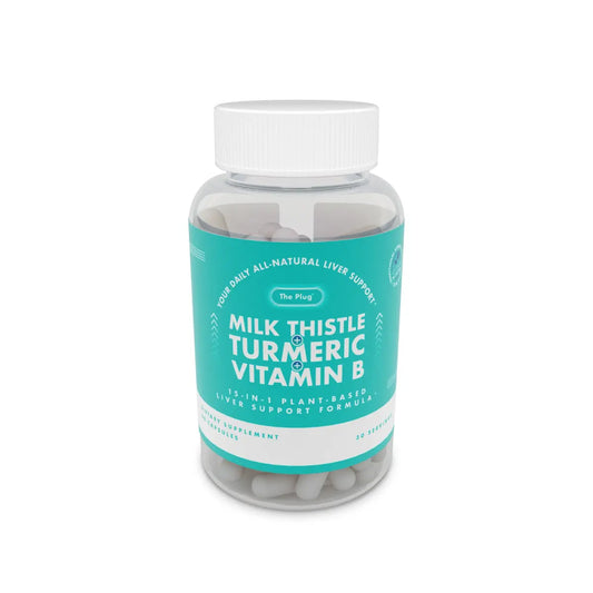 The Plug Milk Thistle Turmeric Vitamin B liver support pill bottle on a plain white background