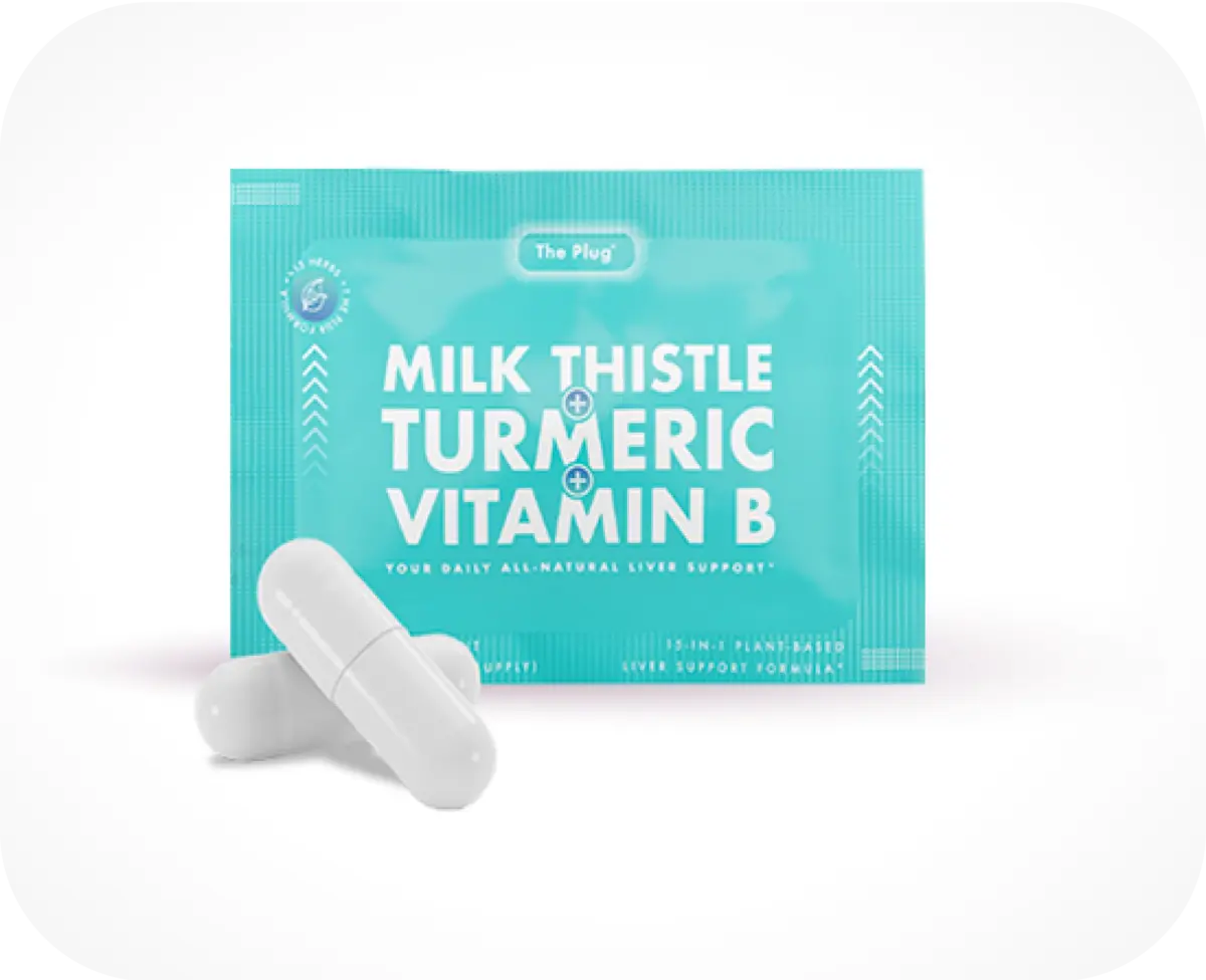 The Plug Milk Thistle Turmeric Vitamin B liver support packet and capsules on a white background