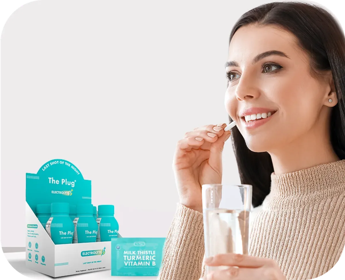 Woman taking a supplement with water beside a display box of The Plug hangover prevention drink and Milk Thistle Turmeric Vitamin B
