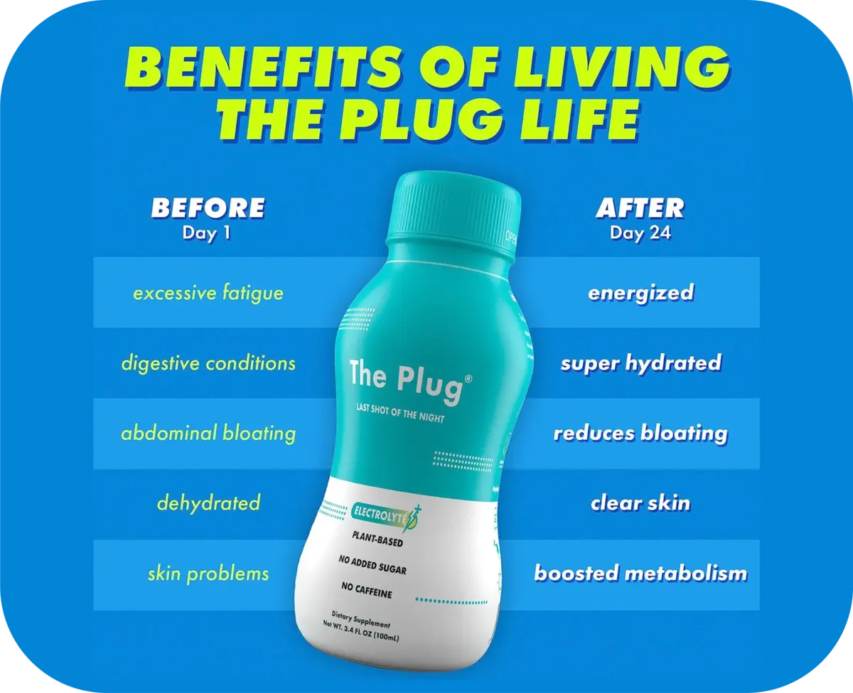 The Plug liver friendly drinks before-and-after infographic showing Day 24 benefits: energized, hydrated, reduced bloating, clear skin, and boosted metabolism