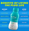 Before and after chart for The Plug liver support drink: Day 1 fatigue and bloating versus Day 24 energized, hydrated results