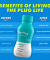 Before and after chart for The Plug liver support drink: Day 1 fatigue and bloating versus Day 24 energized, hydrated results