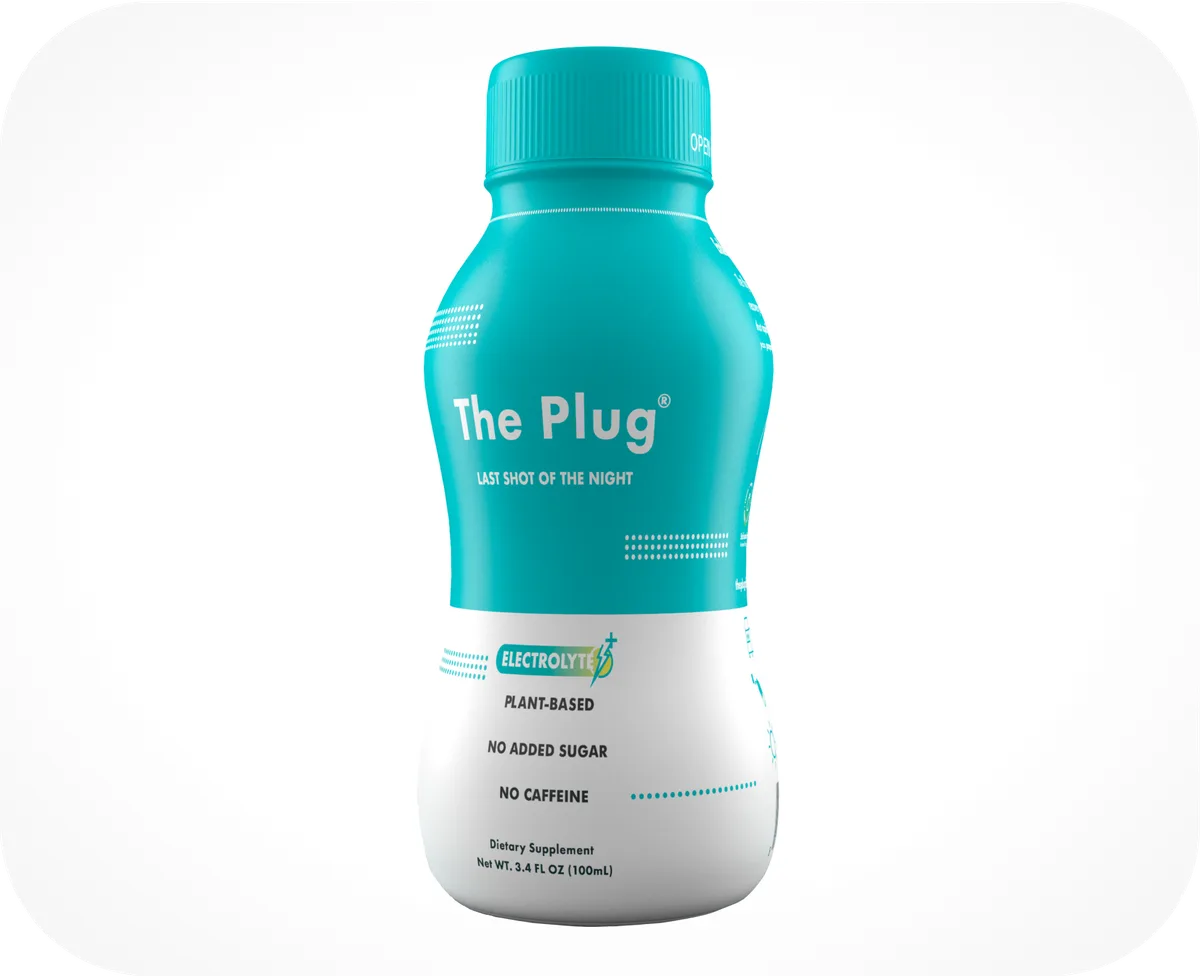 Bottle of The Plug hangover prevention drink with electrolytes and no added sugar