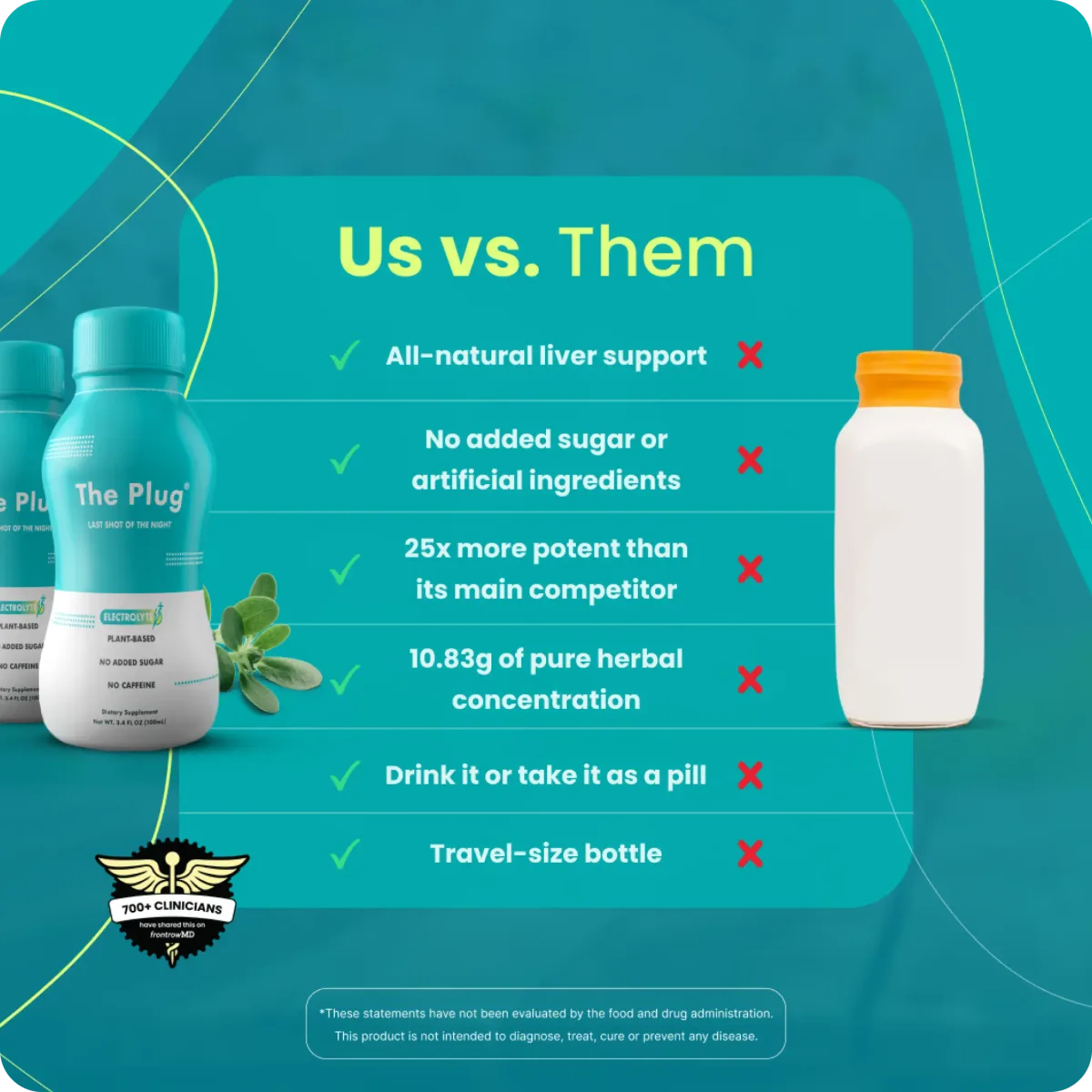 Comparison chart: The Plug liver support drink versus a competitor, highlighting potency, natural ingredients, and flexible drink or pill options