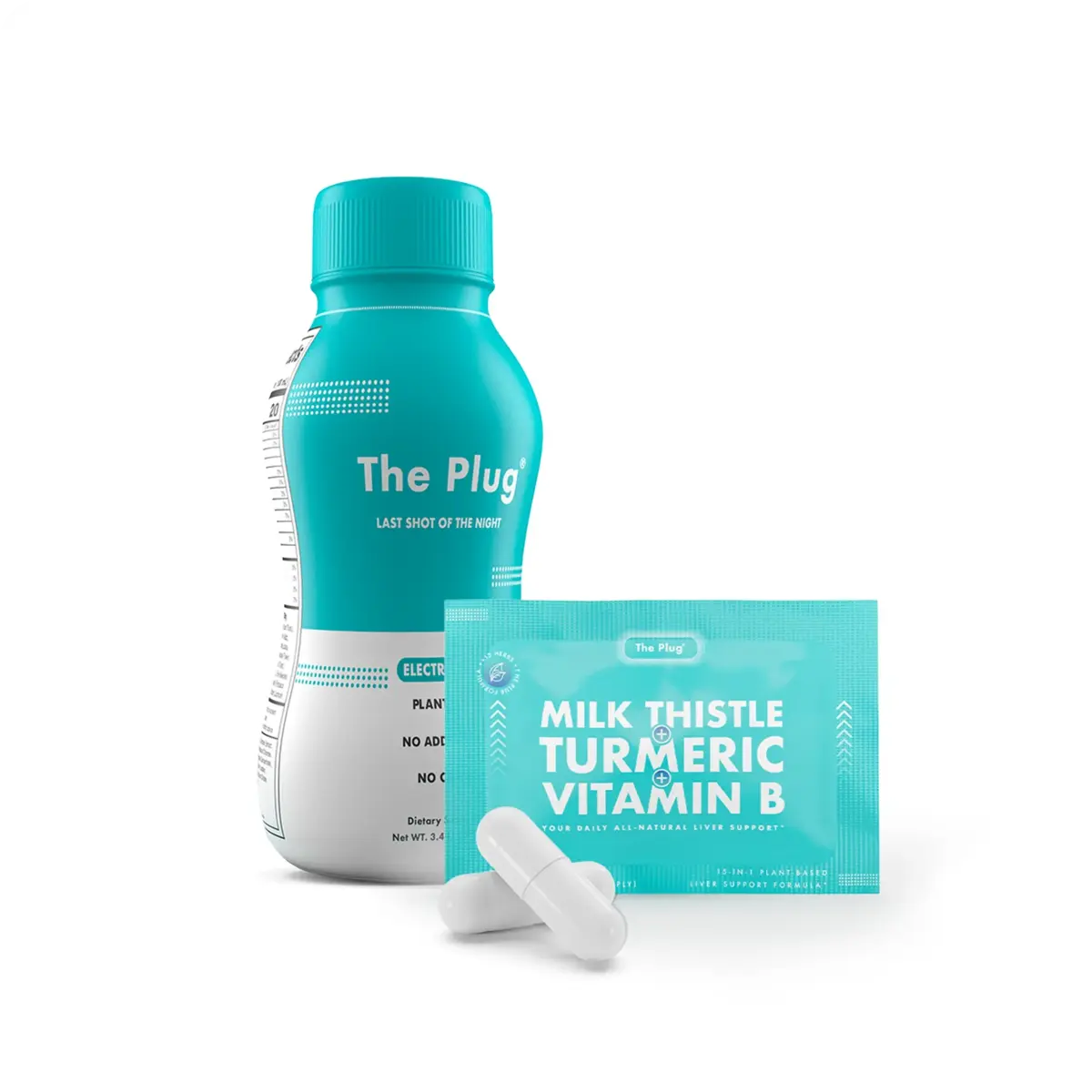 The Plug liver support drink bottle next to a Milk Thistle Turmeric Vitamin B pill packet on a white background