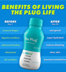Infographic comparing before and after benefits of The Plug hangover drink, from fatigue to energized