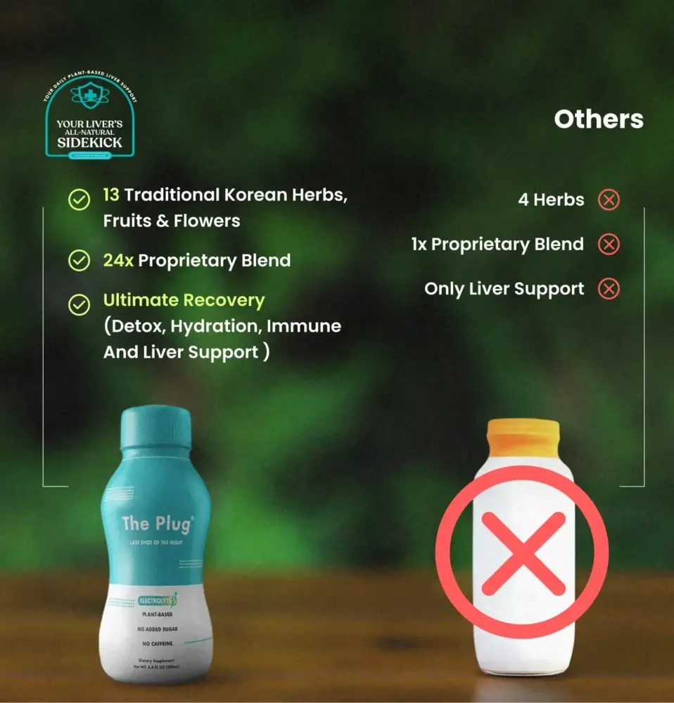 Comparison chart of The Plug liver support drink versus other brands, highlighting 13 herbs, a 24x proprietary blend, and full-body recovery support