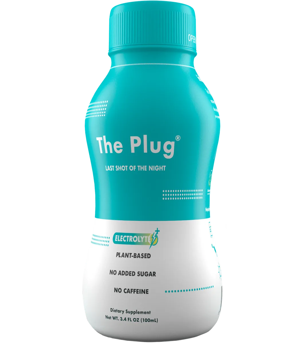 The Plug hangover cure drink bottle labeled Last Shot of the Night, plant-based with no added sugar and no caffeine