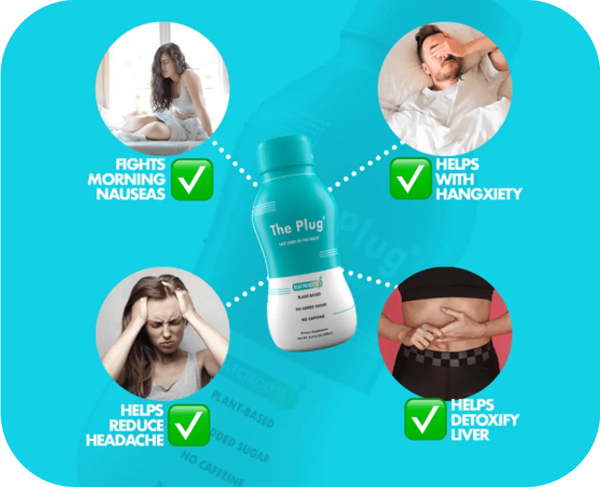 The Plug hangover remedy drink bottle with callouts: fights morning nausea, hangxiety, headaches, and helps detoxify the liver