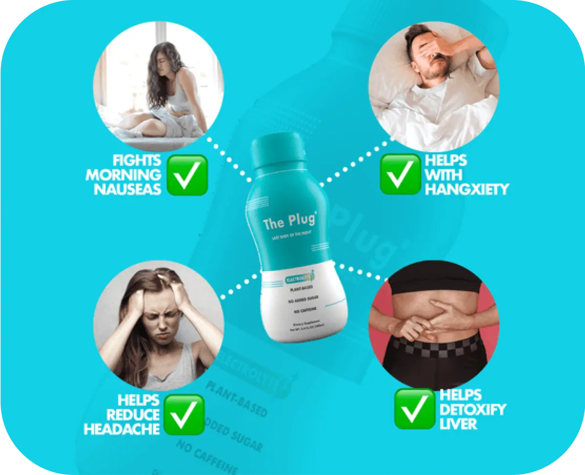 The Plug hangover remedy drink bottle with callouts: fights morning nausea, hangxiety, headaches, and helps detoxify the liver