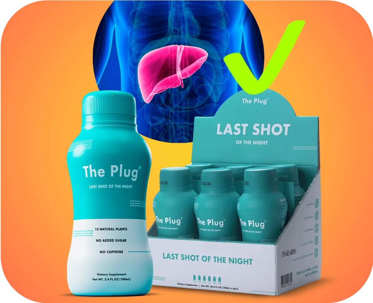 The Plug liver support drink bottle and display box with a healthy liver illustration