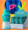 The Plug liver support drink bottle and display box with a healthy liver illustration