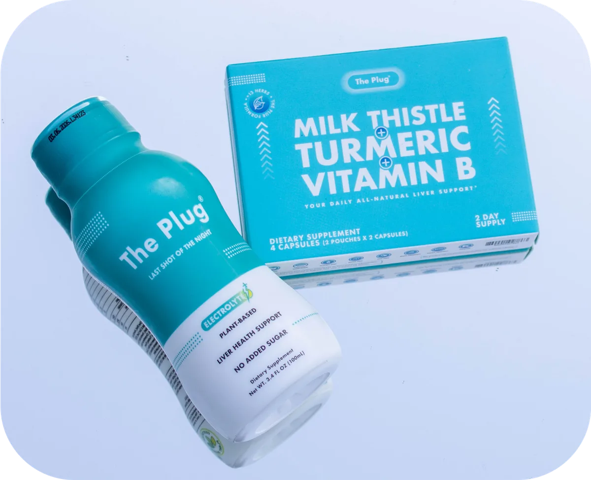 The Plug liver support drink bottle next to its Milk Thistle Turmeric Vitamin B supplement box