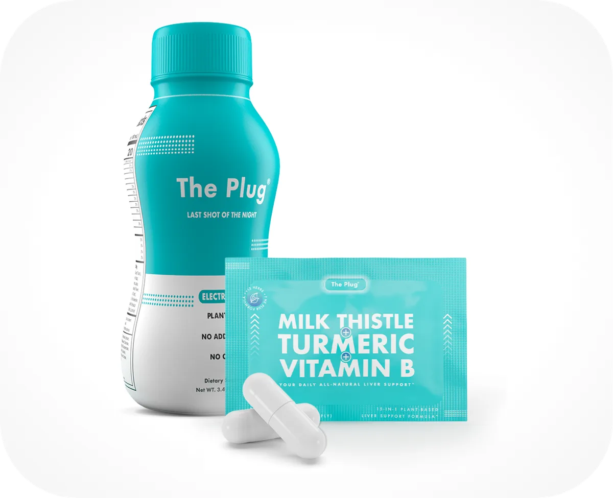 The Plug liver support drink bottle with Milk Thistle Turmeric Vitamin B packet and capsules