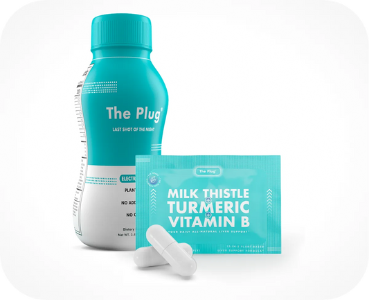 The Plug liver support drink bottle with Milk Thistle Turmeric Vitamin B packet and capsules