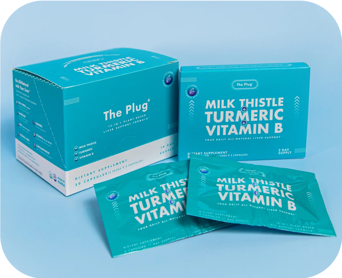 The Plug Milk Thistle Turmeric Vitamin B liver support supplement boxes and packets