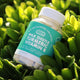 The Plug Milk Thistle Turmeric Vitamin B liver support pill bottle nestled among green leaves