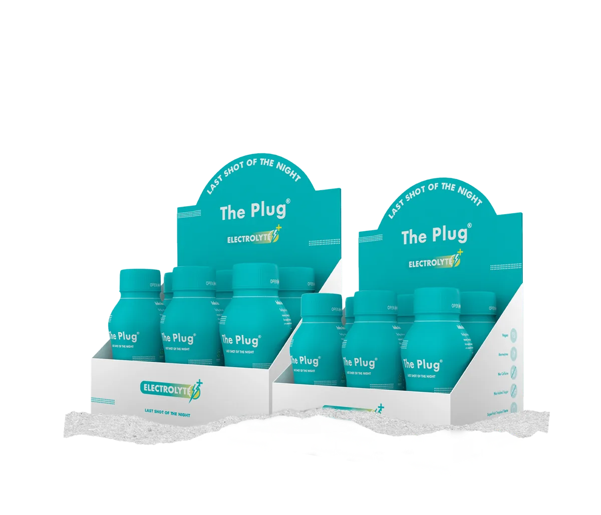Two-tier retail display stand holding bottles of The Plug Electrolyte+ hangover drink