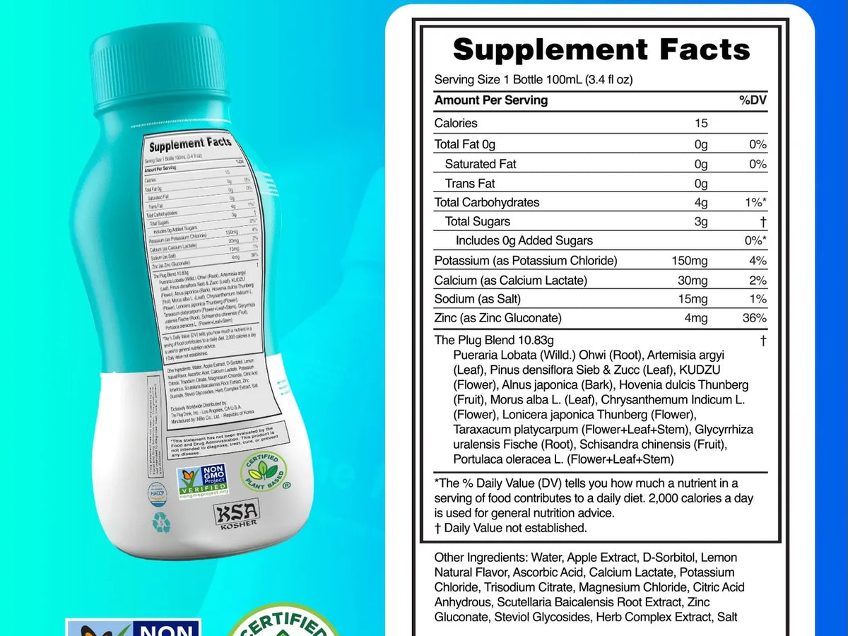A bottle of The Plug Drink turned to show its Supplement Facts label beside an enlarged copy of the same panel on a blue background.